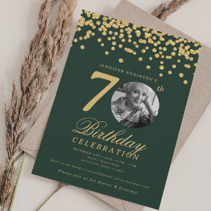 Elegant Photo 70th Birthday Gold Green Confetti Invitation