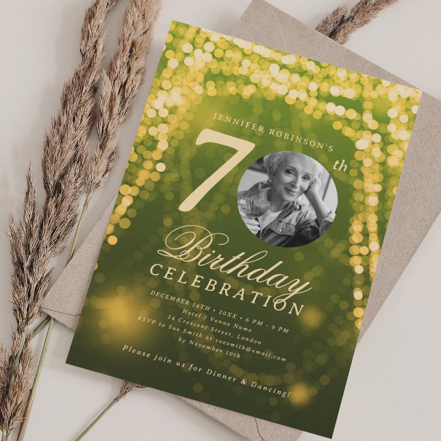 Elegant Photo 70th Birthday Gold Green Glam Lights Invitation (Elegant Photo 70th Birthday Gold Green Glam Lights Invitation)