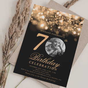 Elegant Photo 70th Birthday Gold Midnight Glam  Invitation