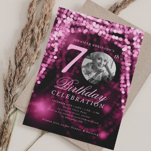 Elegant Photo 70th Birthday Hot Pink Glam Lights Invitation