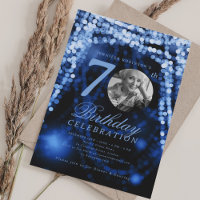 Elegant Photo 70th Birthday Navy Blue Glam Lights