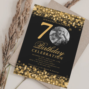 Elegant Photo 70th Birthday Party Gold Lights Invitation