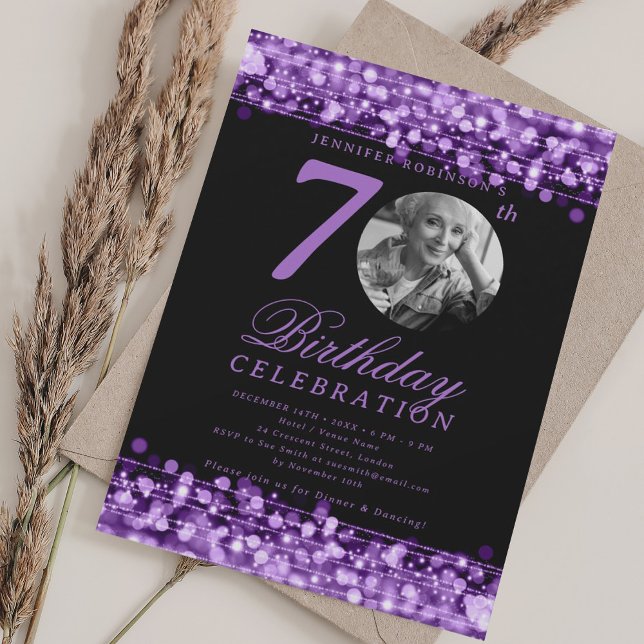 Elegant Photo 70th Birthday Party Purple Lights Invitation (Elegant Photo 70th Birthday Party Purple Lights Invitation)