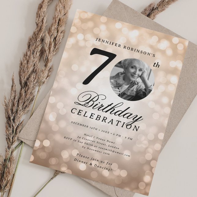 Elegant Photo 70th Birthday Party Rose Gold Bokeh Invitation (Elegant Photo 70th Birthday Party Rose Gold Bokeh Invitation)