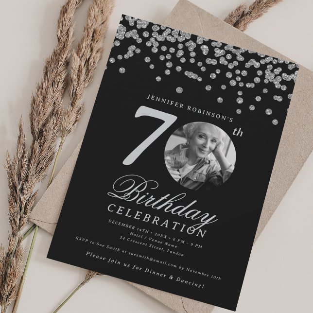 Elegant Photo 70th Birthday Party Silver Black Invitation (Elegant Photo 70th Birthday Party Silver Black Invitation)