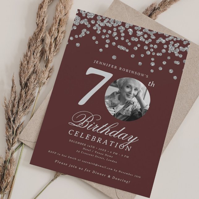 Elegant Photo 70th Birthday Party Silver Burgundy  Invitation (Elegant Photo 70th Birthday Party Silver Burgundy Invitation)