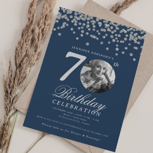 Elegant Photo 70th Birthday Party Silver Navy  Invitation