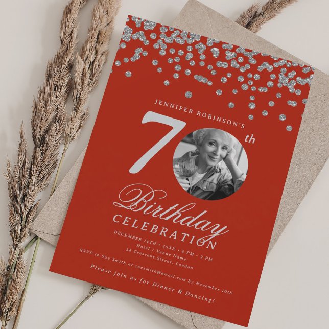 Elegant Photo 70th Birthday Party Silver Red  Invitation (Elegant Photo 70th Birthday Party Silver Red Invitation)