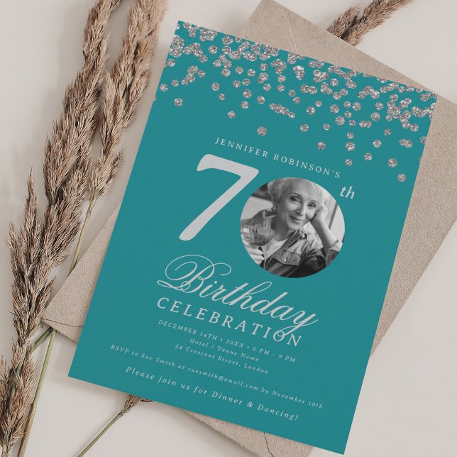 Elegant Photo 70th Birthday Party Silver Turquoise Invitation (Elegant Photo 70th Birthday Party Silver Turquoise Invitation)