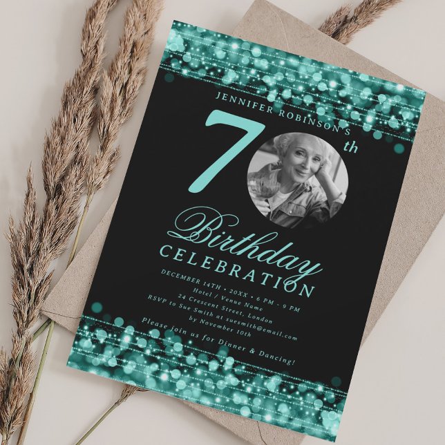 Elegant Photo 70th Birthday Party Teal Lights Invitation (Elegant Photo 70th Birthday Party Teal Lights Invitation)