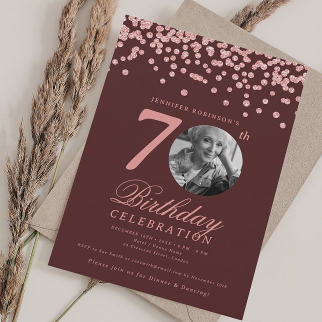 Elegant Photo 70th Birthday Rose Gold Burgundy  Invitation (Elegant Photo 70th Birthday Rose Gold Burgundy Invitation)