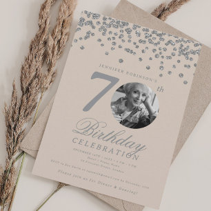 Elegant Photo 70th Birthday Silver Champagne Invitation