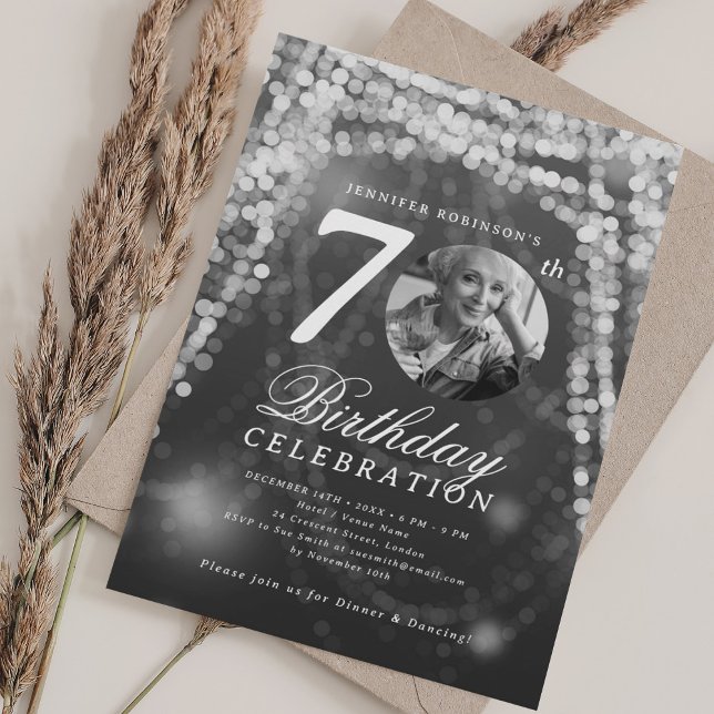 Elegant Photo 70th Birthday Silver Glam Lights Invitation (Elegant Photo 70th Birthday Silver Glam Lights Invitation)