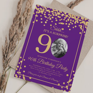 Elegant Photo 90th Birthday Gold Confetti Purple  Invitation