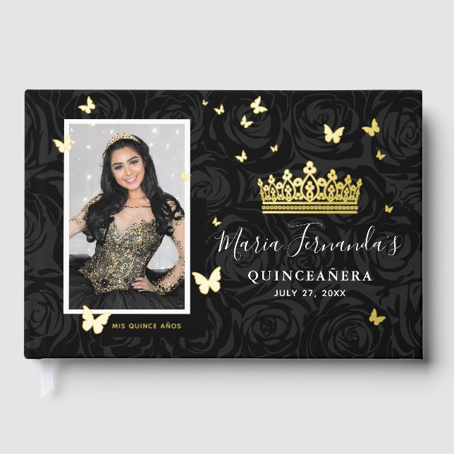Elegant Photo and Real Gold Foil Black Quinceanera Guest Book (Front)