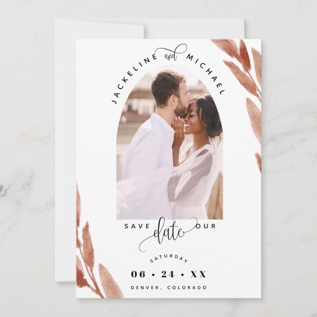 Elegant Photo Arch and Terracotta Leaves Wedding Save The Date (Front)
