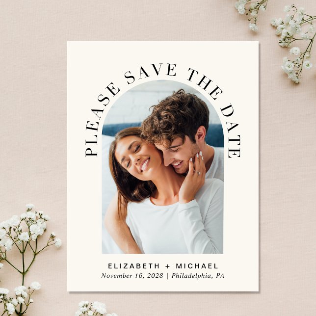 Elegant Photo Arch Cream Save The Date Announcement Postcard (Celebrate your love story with a save the date showcasing your photo in an elegant arch frame)
