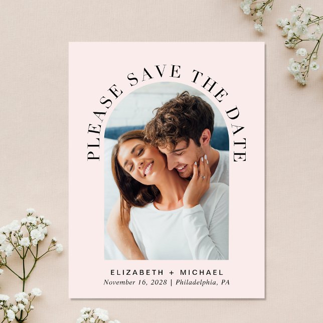 Elegant Photo Arch Pink Save The Date Announcement Postcard (Celebrate your love story with a save the date showcasing your photo in an elegant arch frame)