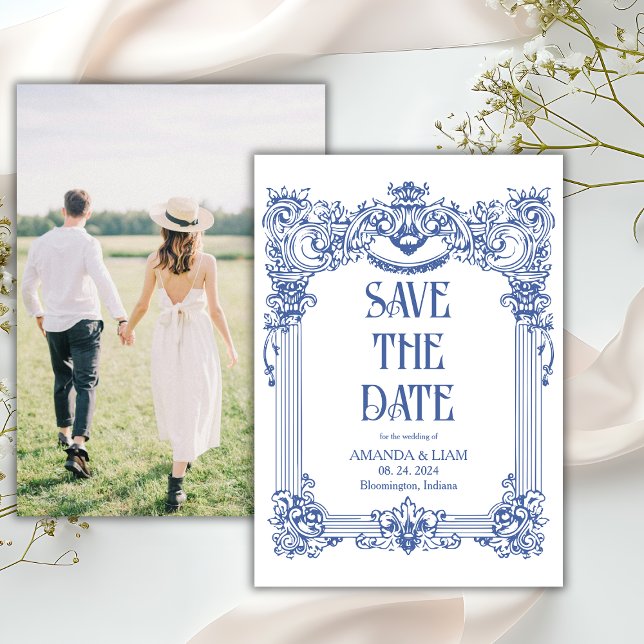 Elegant Photo Baroque Blue Column Wedding  Save The Date (Creator Uploaded)