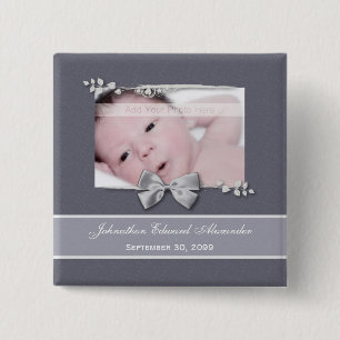 Elegant Photo Birth Announcement Silver Ribbon 15 Cm Square Badge