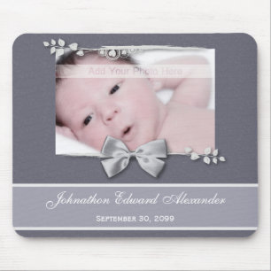 Elegant Photo Birth Announcement Silver Ribbon Mouse Pad