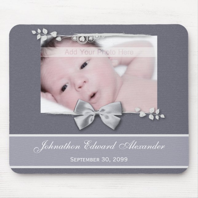 Elegant Photo Birth Announcement Silver Ribbon Mouse Pad (Front)