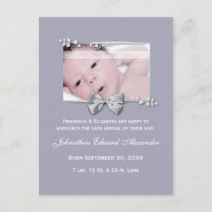 Elegant Photo Birth Announcement Silver Ribbon Postcard