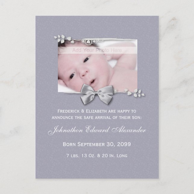 Elegant Photo Birth Announcement Silver Ribbon Postcard (Front)