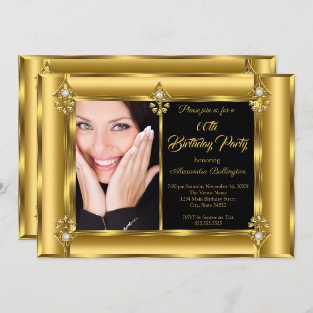 Elegant Photo Birthday Party Black Gold Diamond 2 Invitation (Front/Back)