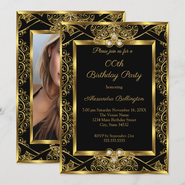Elegant Photo Birthday Party Black Gold Jewel Invitation (Front/Back)