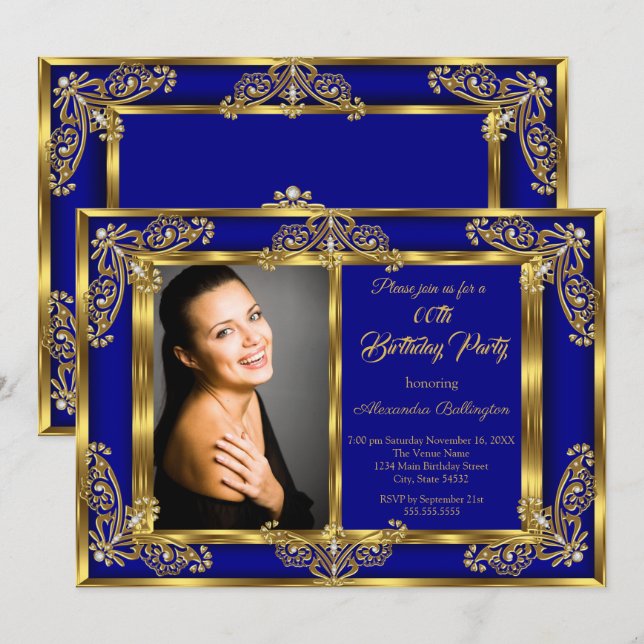 Elegant Photo Birthday Party Royal Blue Gold Gems Invitation (Front/Back)