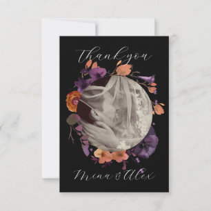 Elegant Photo Black and Autumn Floral Wedding Thank You Card