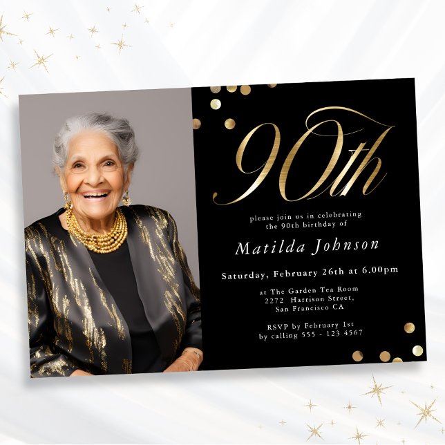 Elegant Photo Black and Gold 90th Birthday Invitation (Mockup View)