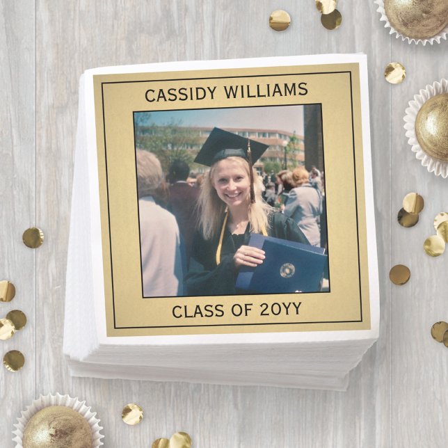 Elegant Photo Black and Gold Faux Foil Graduation Napkin (Creator Uploaded)