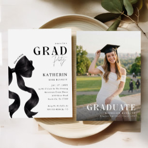 Elegant Photo Black Bow Grad Party Graduation Invitation