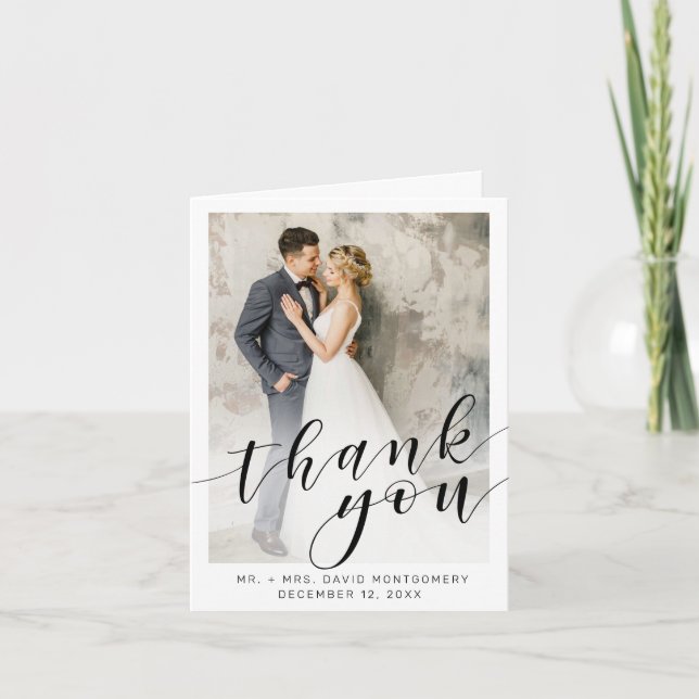 Elegant Photo Black Calligraphy White Wedding Thank You Card (Front)