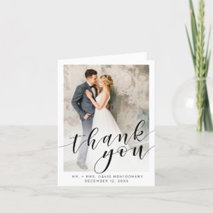 Elegant Photo Black Calligraphy White Wedding Thank You Card