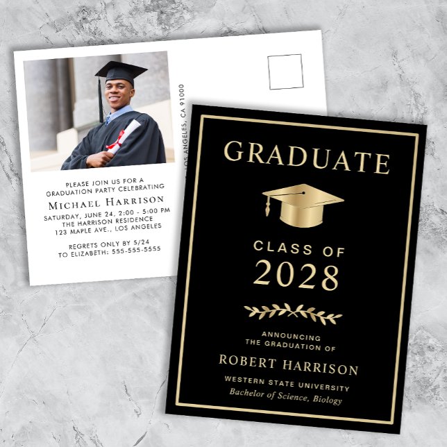 Elegant Photo Black College Graduation Party Invitation Postcard (Creator Uploaded)
