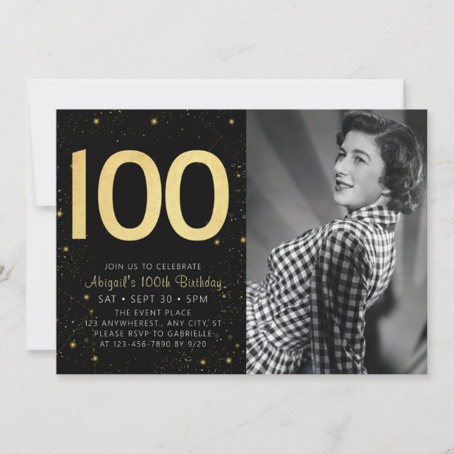 Elegant Photo Black Gold 100th Birthday Party Invitation (Front)