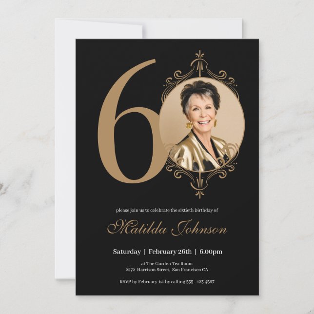 Elegant Photo Black Gold 60th Birthday Invitation (Front)