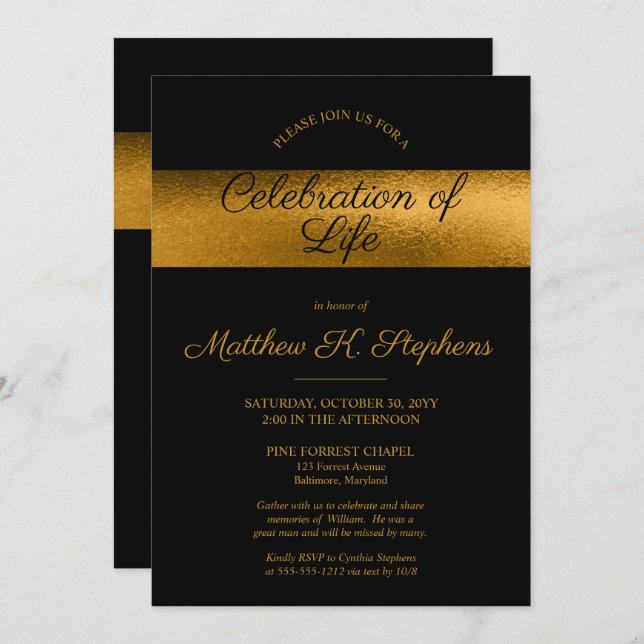Elegant Photo Black  | Gold Celebration of Life Invitation (Front/Back)