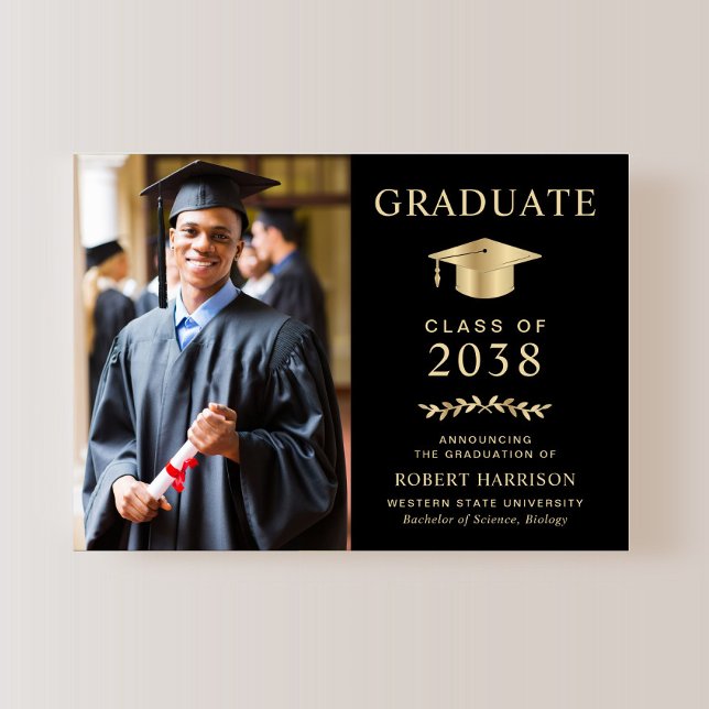 Elegant Photo Black Gold College Graduation Announcement (An elegant college graduation announcement to celebrate the graduate's achievements)
