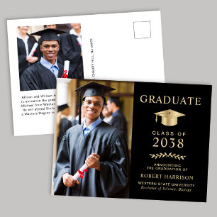 Elegant Photo Black Gold College Graduation Announcement Postcard