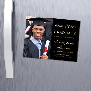 Elegant Photo Black Gold College Graduation Magnetic Invitation
