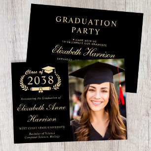 Elegant Photo Black Gold College Graduation Party Invitation