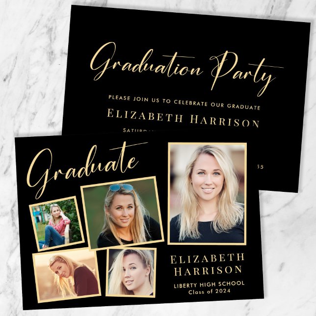 Elegant Photo Black Gold Graduation Party Invitation (Our user-friendly template makes it a breeze to upload your photos and personalize your invitation)