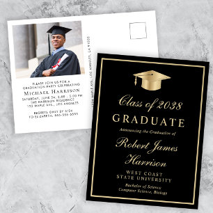 Elegant Photo Black Gold Graduation Party Invitation Postcard