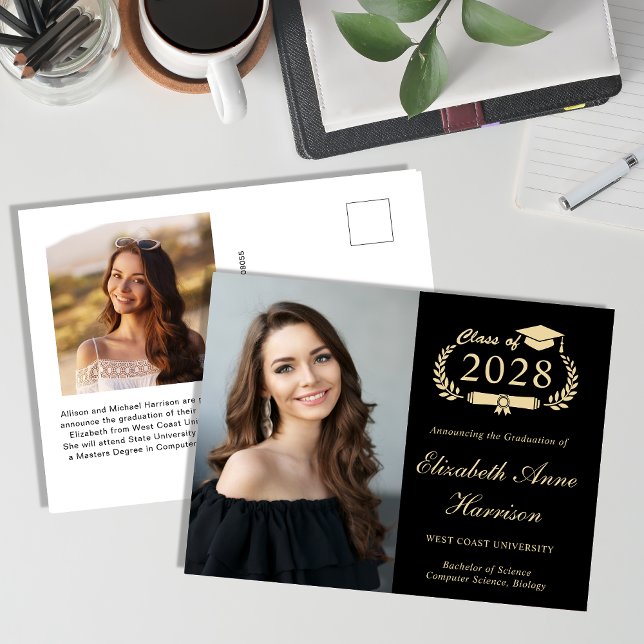 Elegant Photo Black Gold Graduation Postcard (Our user-friendly template makes it a breeze to upload your photo and personalize your announcement)