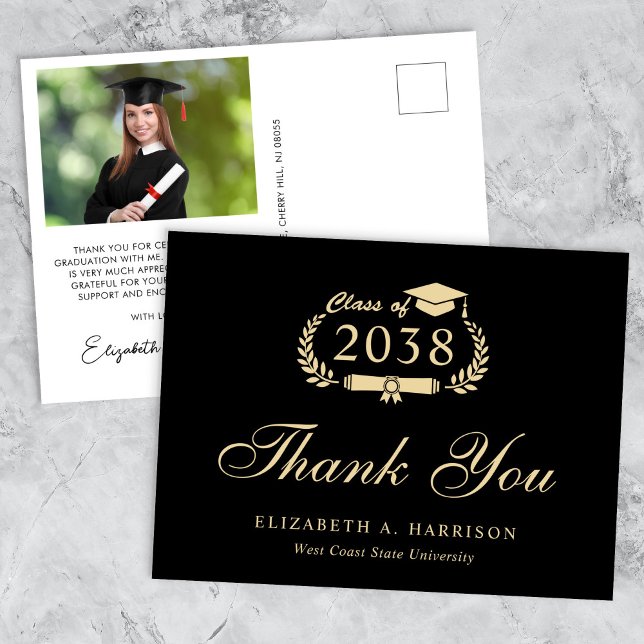 Elegant Photo Black Gold Graduation Thank You Postcard (An elegant photo graduation thank you card to show gratitude to friends and family for their support)
