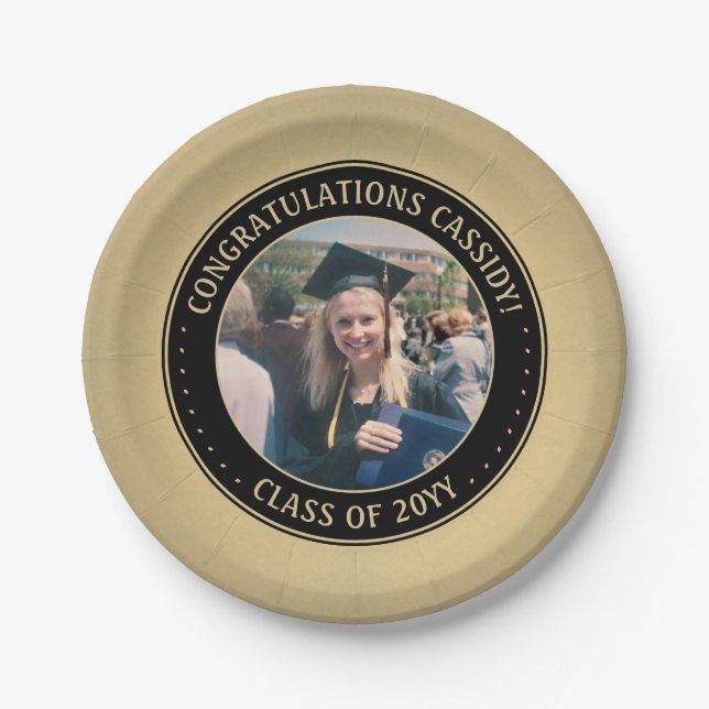 Elegant Photo Black & Gold Modern Graduation party Paper Plate (Front)